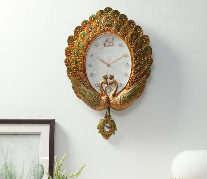 Pearl Green Peacock Pendulum Wall Clock