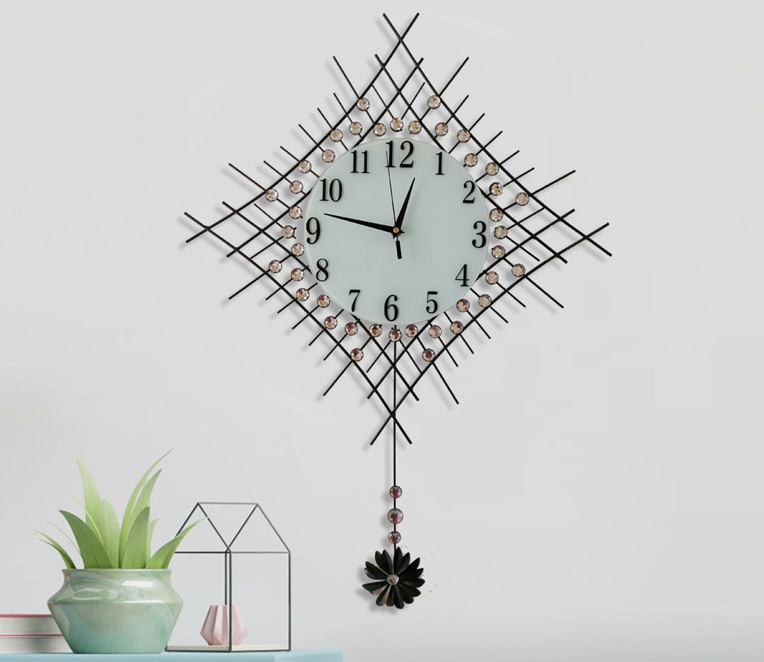 Diamond Studded Pendulum Metal Wall Clock