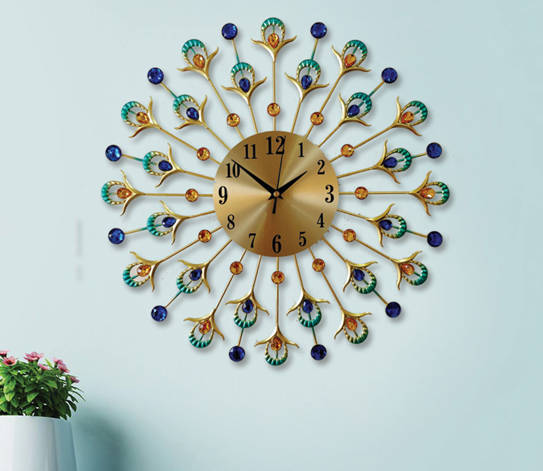 Peacock Feather Pallets Diamond Studded Metal Wall Clock