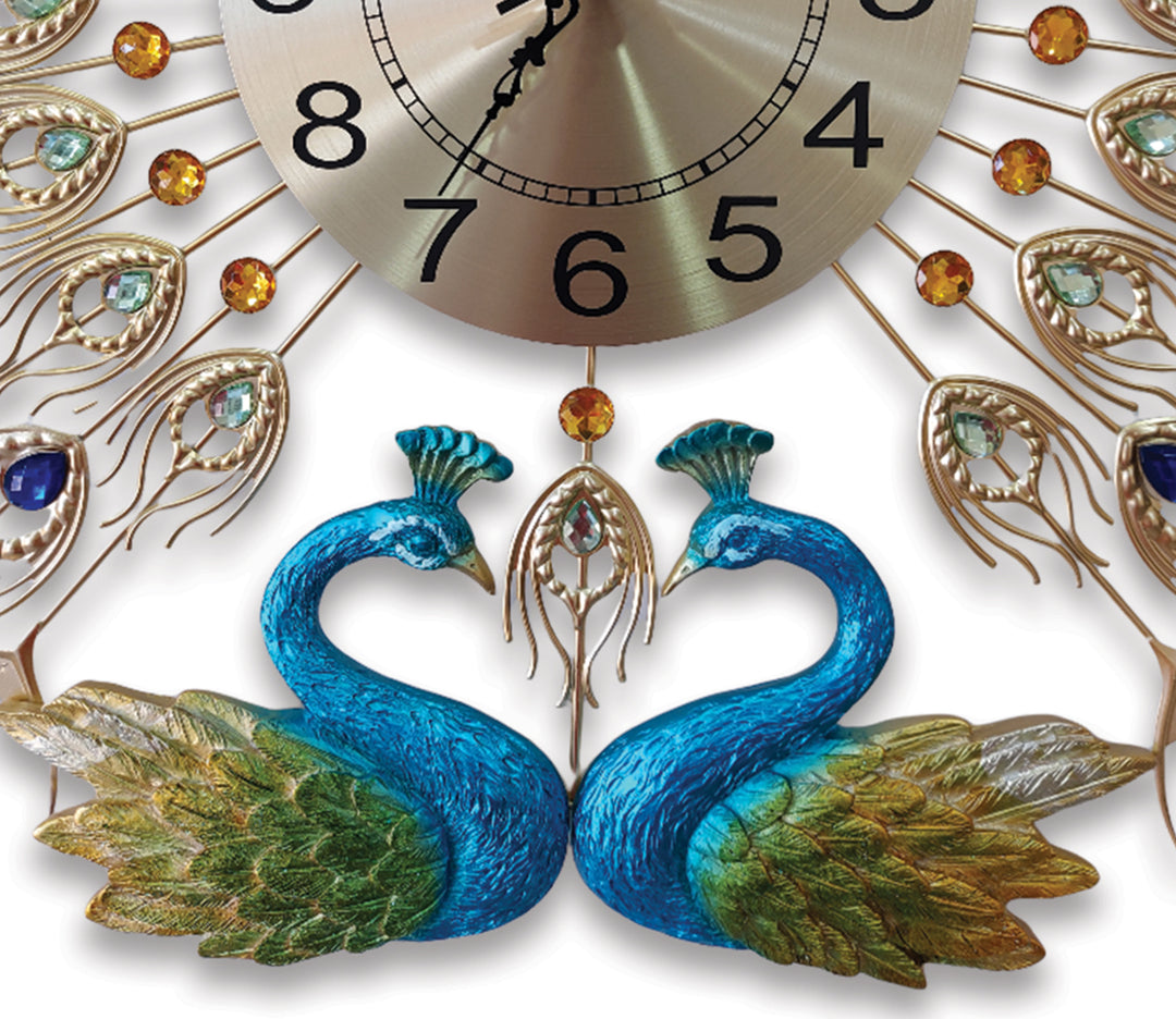Dual Peacock Feather Metal Wall Clock