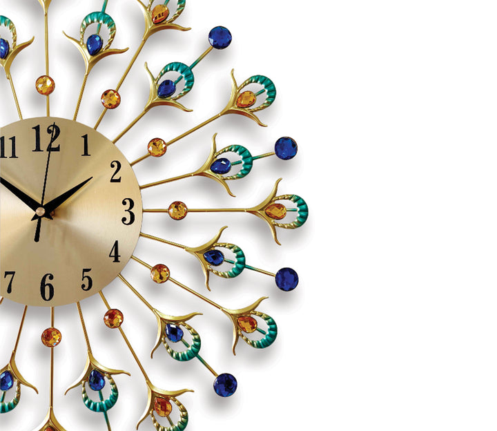 Peacock Feather Pallets Diamond Studded Metal Wall Clock