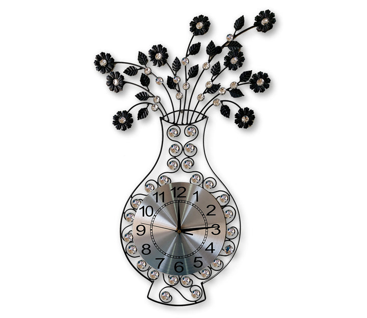 Designer Flower Pot Diamond Studded Metal Wall Clock