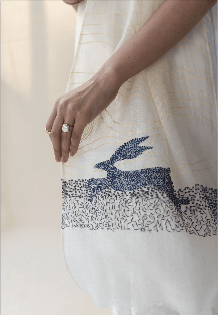 White Cashmere Stole with Kantha Embroidery | Doux Cashmere Kantha Embroidery Stole - White