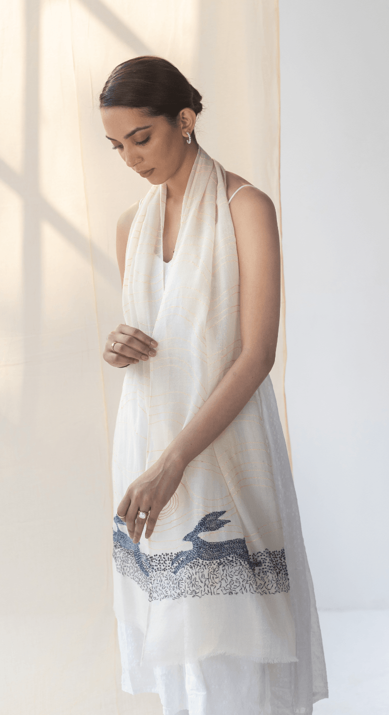 White Cashmere Stole with Kantha Embroidery | Doux Cashmere Kantha Embroidery Stole - White