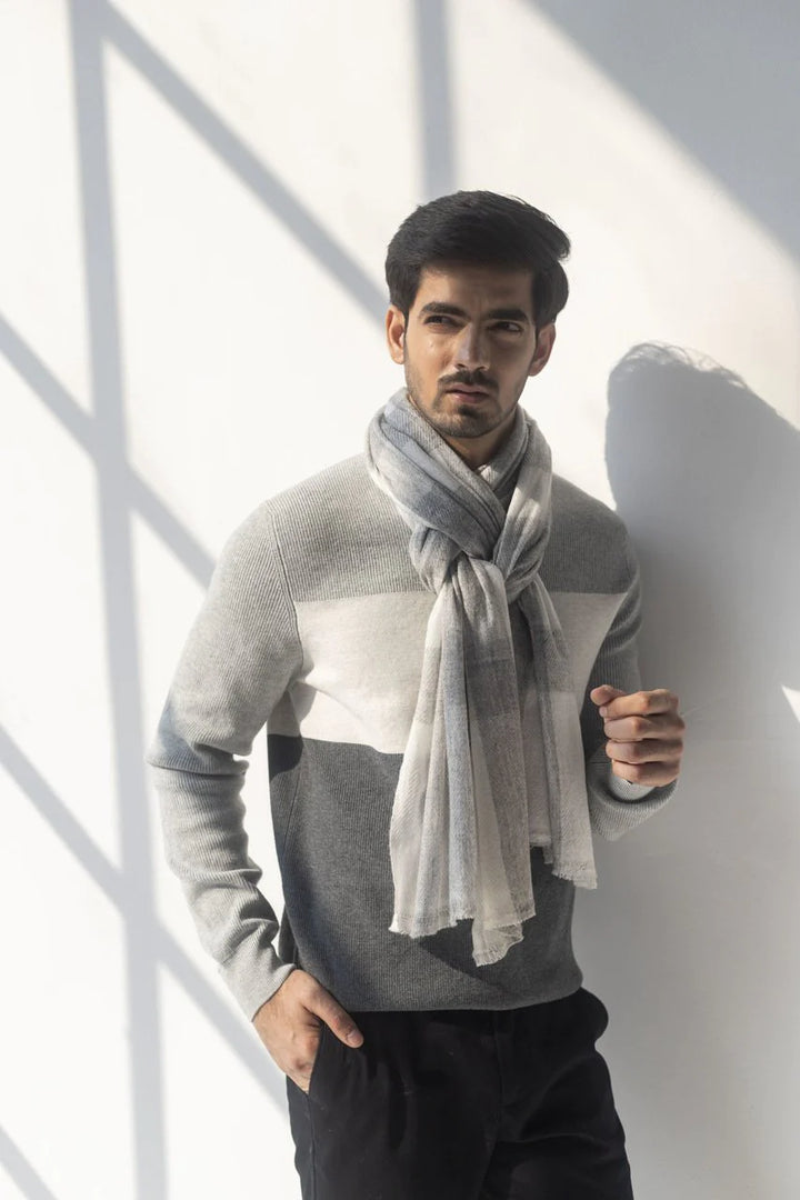 Gray and White Cashmere Stole Wrap | Sisu Handwoven Soft Fine Cashmere Stole - Gray & White
