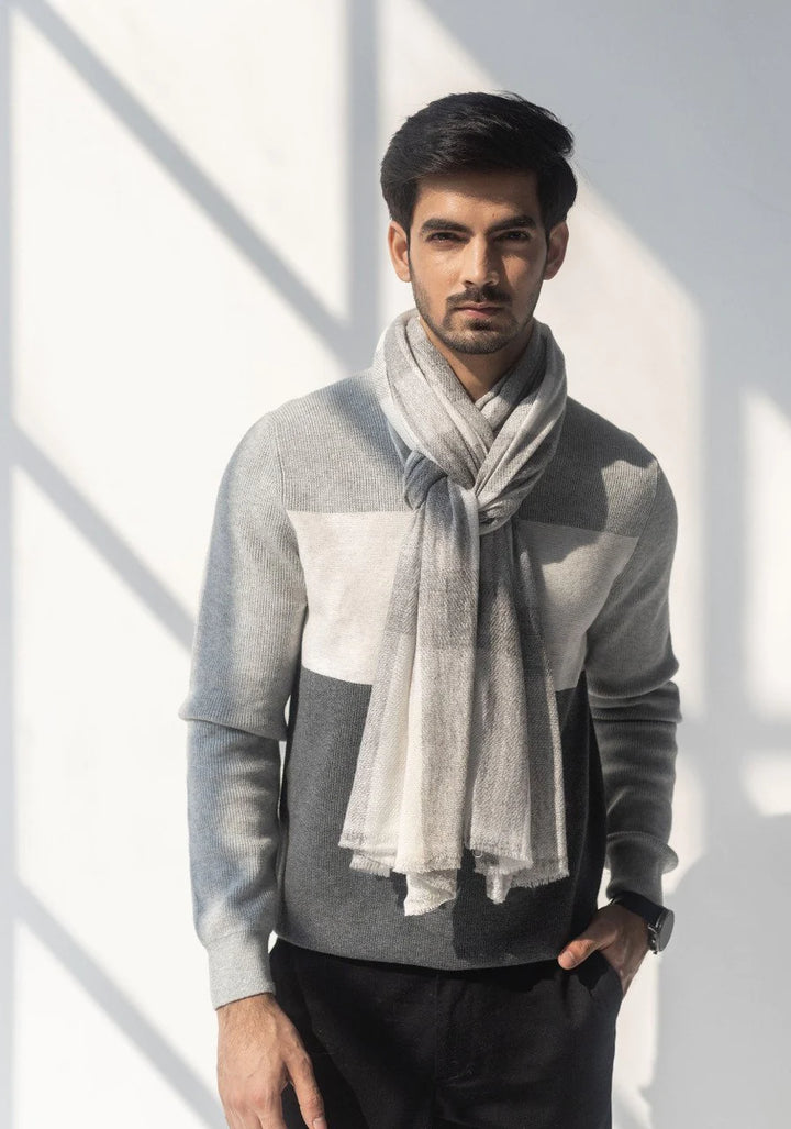 Gray and White Cashmere Stole Wrap | Sisu Handwoven Soft Fine Cashmere Stole - Gray & White