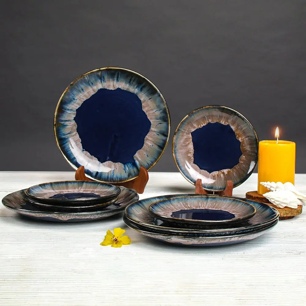 Midnight Blue and Snowy White Dinner Set | Handmade Ceramic Dinner Plate Set of 8 Pcs