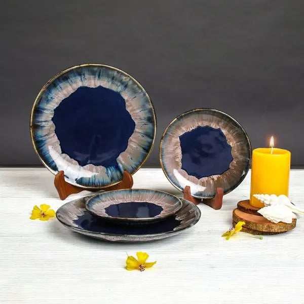 Midnight Blue and Snowy White Dinner Set | Handmade Ceramic Dinner Plate Set of 8 Pcs