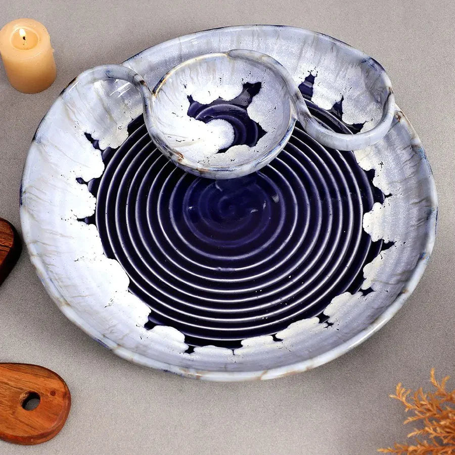Blue Ceramic Chip & Dip Platter | Handmade Ceramic Chip & Dip Platter - Blue