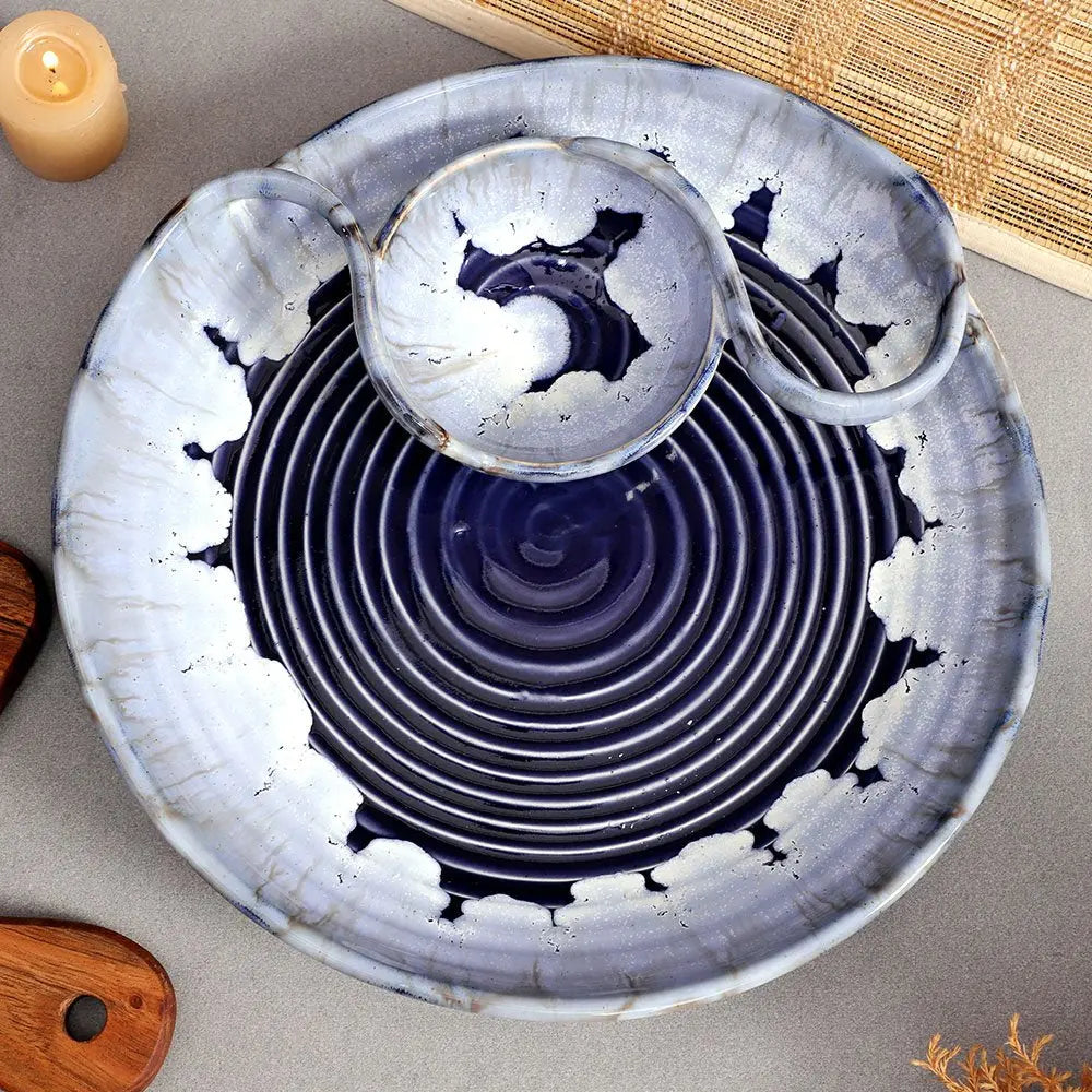 Blue Ceramic Chip & Dip Platter | Handmade Ceramic Chip & Dip Platter - Blue