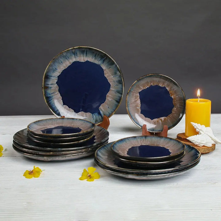 Midnight Blue & Snowy White Dinner Collection - 12-Piece Ceramic Set | Handmade Ceramic Dinner Set of 12 Pcs - Blue