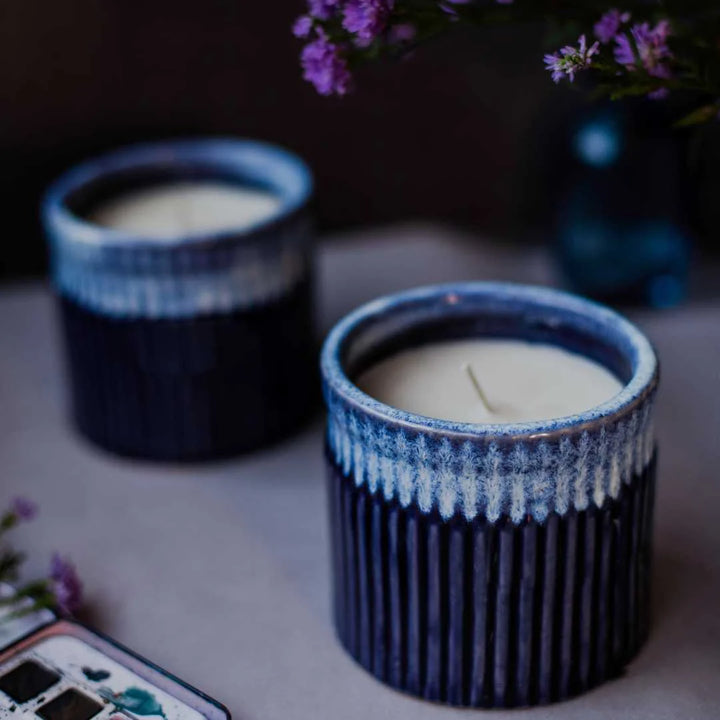 Ceramic Scented Candle Set - Deep Blue (Pack of 2) | Premium Ceramic Bowl Scented Candle set of 2 - Deep Blue