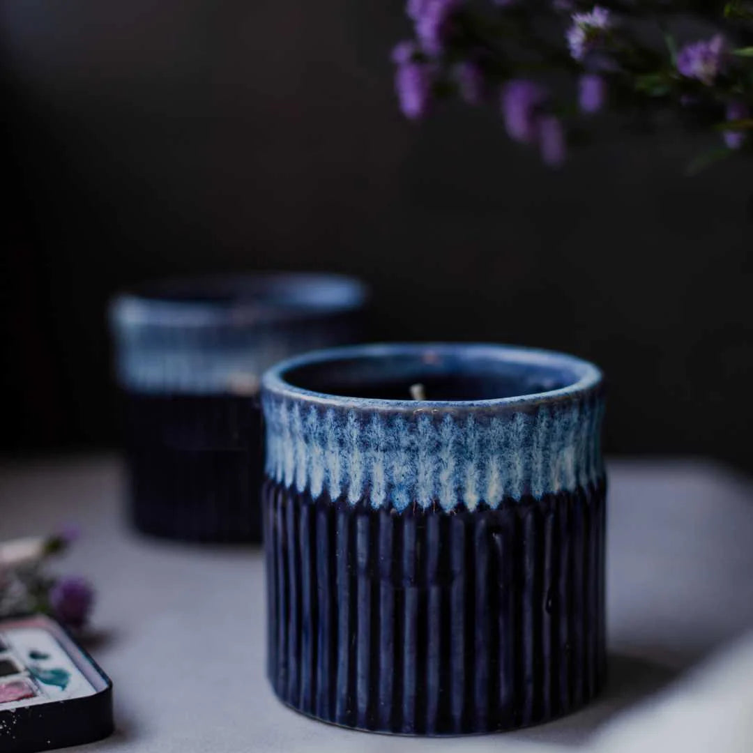 Ceramic Scented Candle Set - Deep Blue (Pack of 2) | Premium Ceramic Bowl Scented Candle set of 2 - Deep Blue