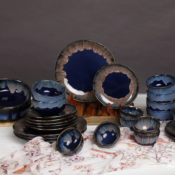 Midnight Blue & Snowy White 12-Piece Dinner Collection | Handmade Ceramic Dinner Set of 12 Pcs - Midnight Blue