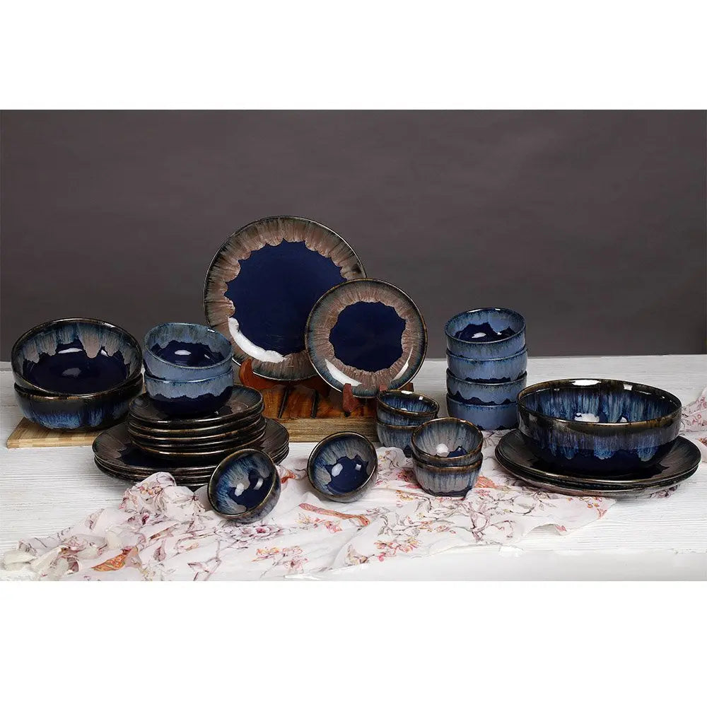 Midnight Blue & Snowy White 12-Piece Dinner Collection | Handmade Ceramic Dinner Set of 12 Pcs - Midnight Blue