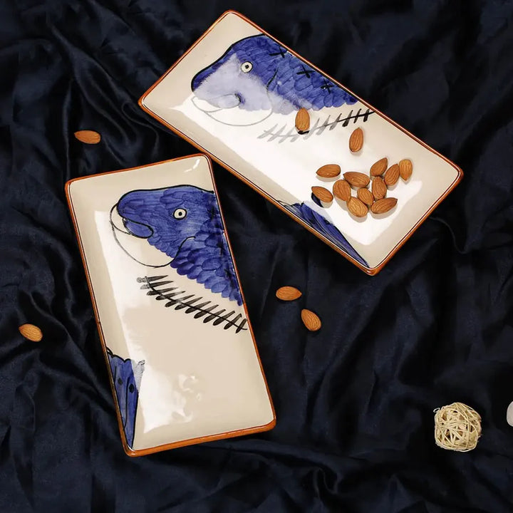 Fish Print Ceramic Serving Platter Set | Handmade Fish Print Ceramic Serving Platter Set of 2