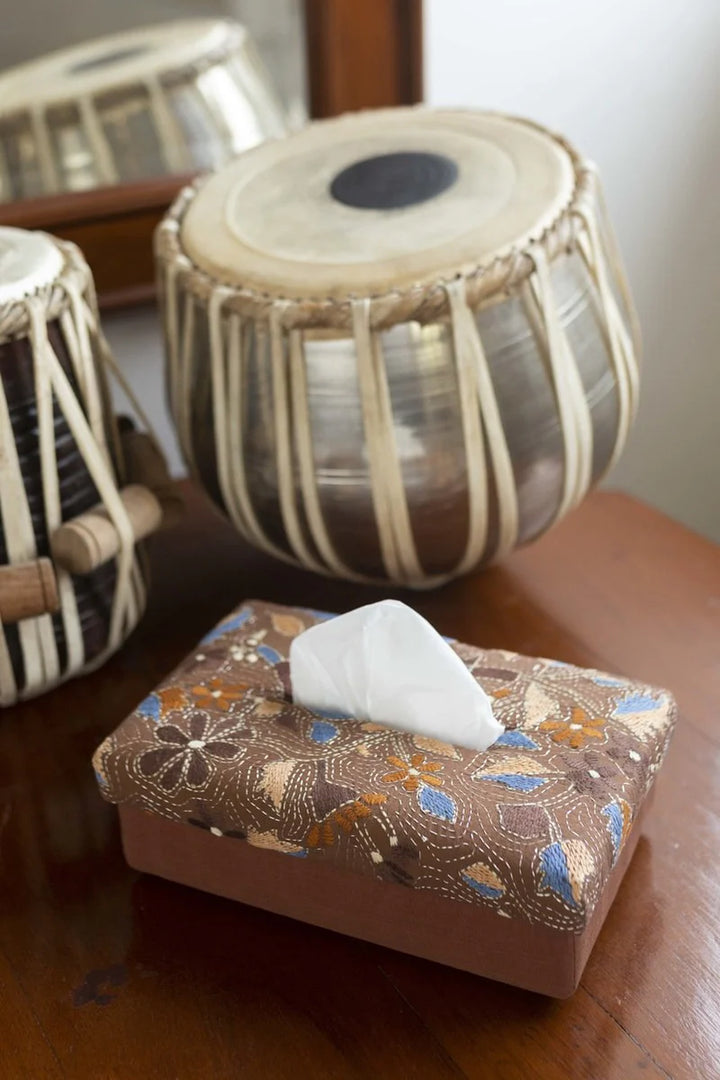 Floral Design Handwoven Tissue Box | Aiyana - Hand Woven Tissue Box - Brown