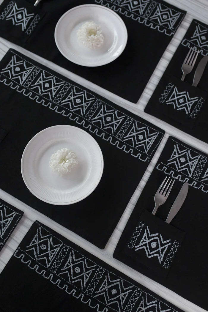 Set of 6 Handwoven Black and White Table Mats | Hiwaga Handwoven Table Mats Set Of 6 Pcs - Black & White