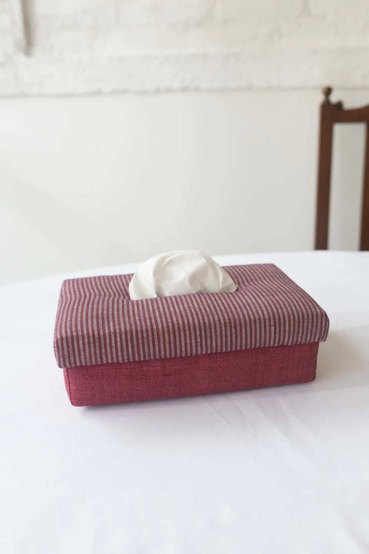 Striped Silk Tissue Box in Red & Off White | Titian Tissue Box - Red & Off White