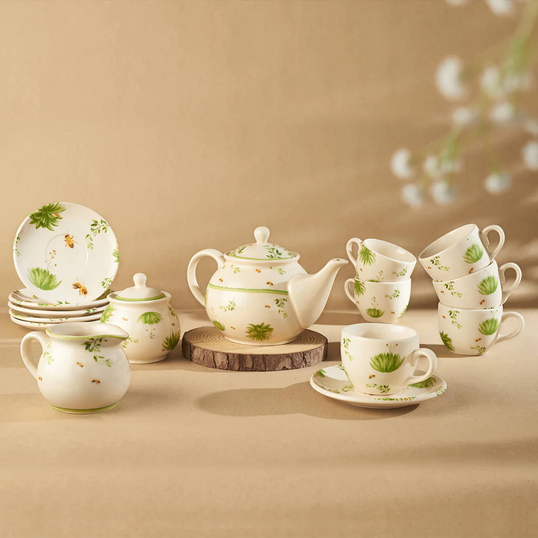 Ceramic Tea Set - 15 pcs, Tan Color | Floral Ceramic Tea Set of 15 pcs - Tan
