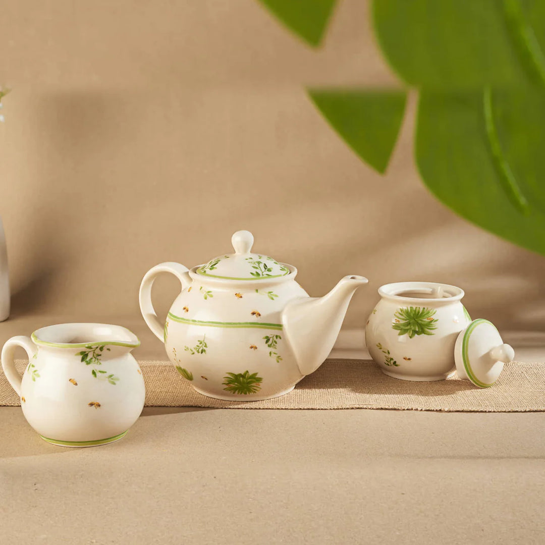 7-Piece Ceramic Tea Set - Floral Design | Floral Ceramic Tea Set of 7 pcs - Tan