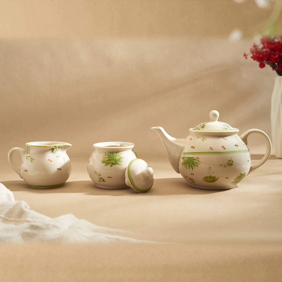 Ceramic Tea Set - 11 pcs in Tan Color | Floral Ceramic Tea Set of 11 pcs - Tan