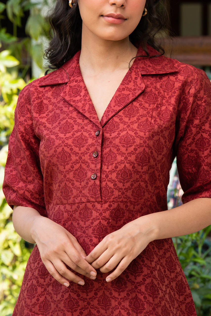 Red Jacquard Cocktail Dress - Knee-Length | Zuri Handwoven Cotton Dress - Red