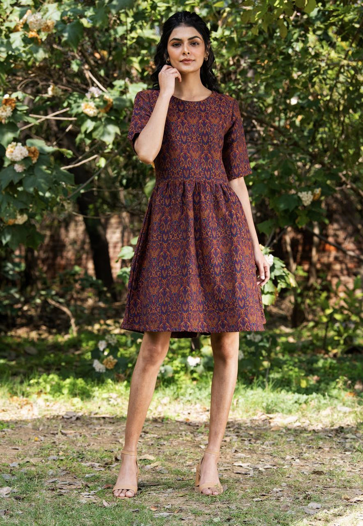Handwoven Cotton Wool Dress - Knee-length, Earthy Tones | Chiyo Handwoven Cotton Wool Dress - Multi Color