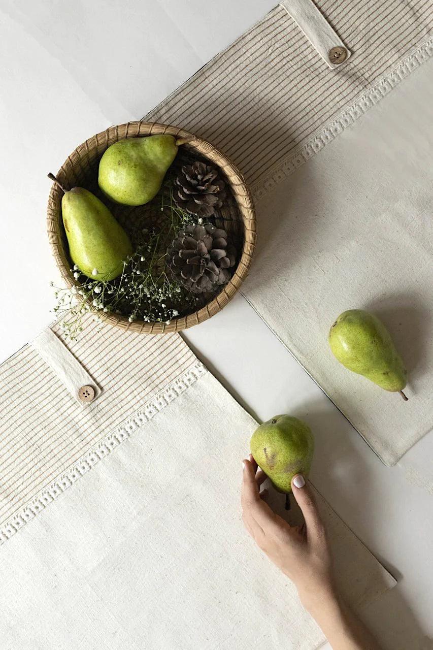 Set of 8 Handwoven Table Mats - Organic Kala Cotton, Off White | Samar Handwoven Table Mats With Cutlery Pocket Set Of 8 Pcs - Off White