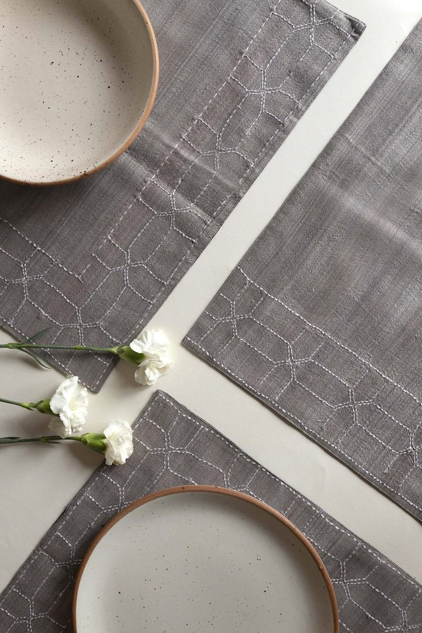 6-Piece Handwoven Silk Table Mats with Embroidery | Ornate HandWoven Table Mats Set Of 6 Pcs - Gray