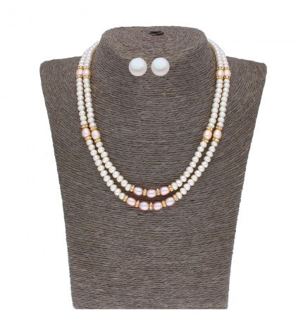 Pearl Necklace with Color Stones | Pink Elegance Oval Button Set