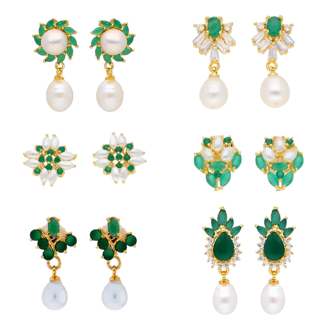 White Pearl and Cubic Zirconia Earring Combo | Versatile Elegance 6-Pair Earring Combo