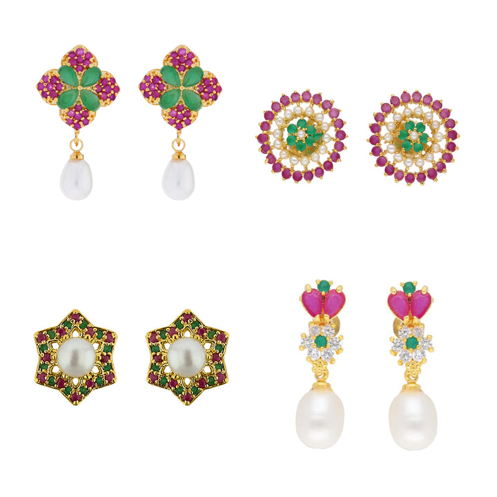 Fashionable Earring Set with Pearls and Color Stones | Modern Chic 4-Pair Earring Combo