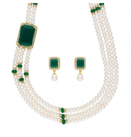 Pearl Necklace Set with CZ and Stones | Dazzling Trio 3-String Necklace Set