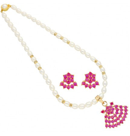 Floral Pearl Pendant Set - Freshwater Pearls, CZ, Semi Precious Stones | Enchanting Floral Pearl Pendant Set