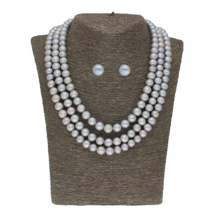 Gray Pearl Necklace and Earrings Set | Gray Elegance Round Set