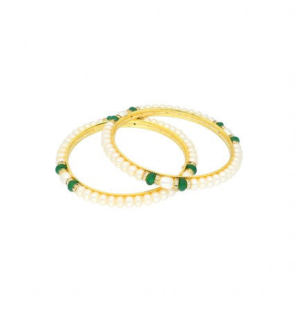 White Pearl Bangle with CZ and Color Stones | Emerald Pearl Harmony Bangle