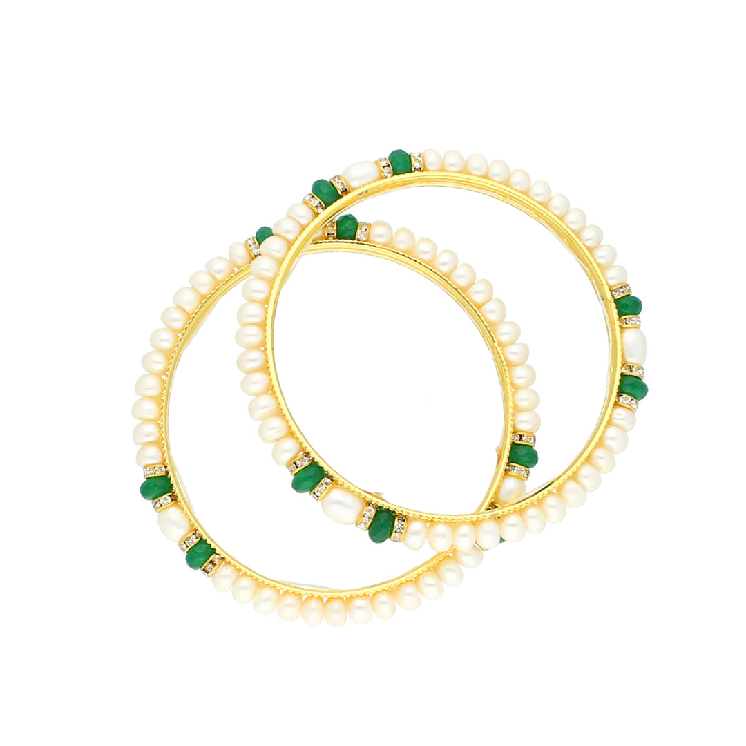 White Pearl Bangle with CZ and Color Stones | Emerald Pearl Harmony Bangle