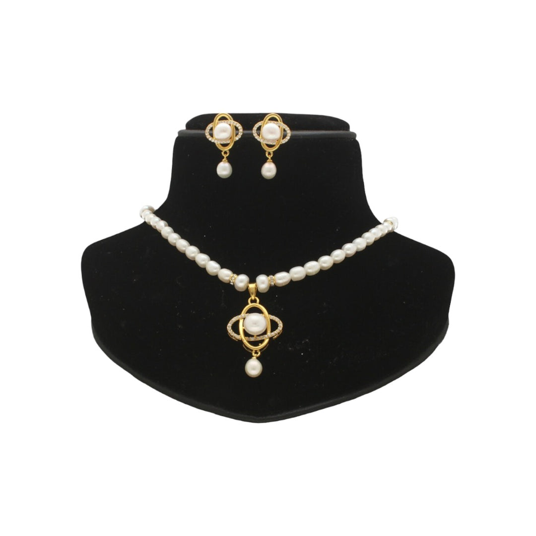 Pearl Necklace with Oval Cubic Zircon Stones | Timeless Simplicity - Classic Pearl Set