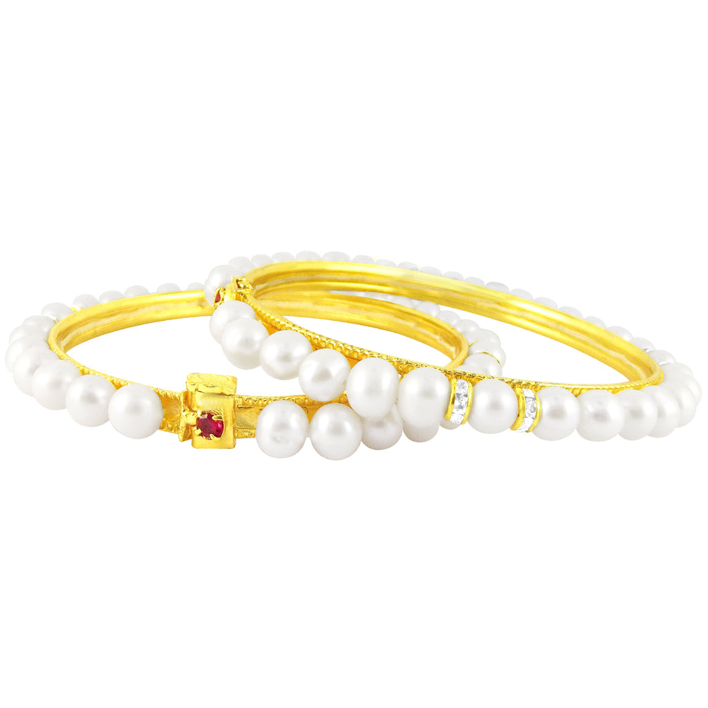 Delicate Pearl and CZ Stone Bangles - 6-6.5 Inches, White | Elegance in Pearls - Precise Bangles