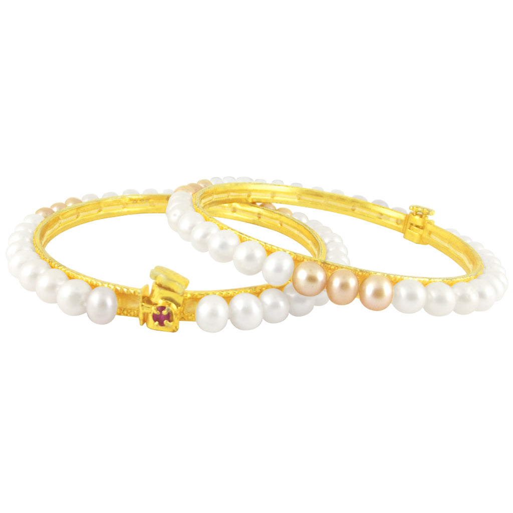 Elegant White Pearl Bangles with Pink and White Hues | Radiant Pearl Fusion Bangles