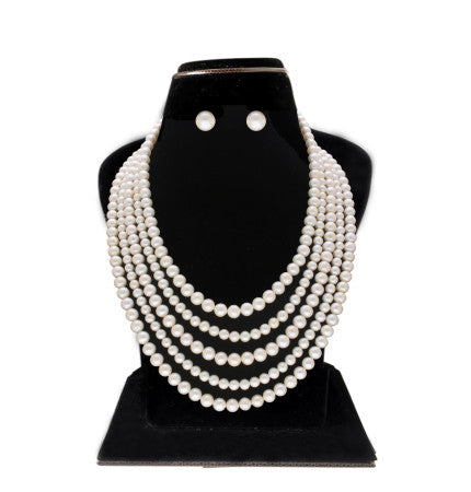 White Pearl Necklace - 20-22 Inches | Opulent Grace 5 Lines Pearl Necklace