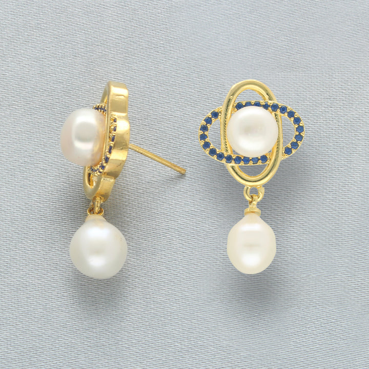 White Pearl Drop Earrings with CZ | Contemporary Radiance Pearl Earrings