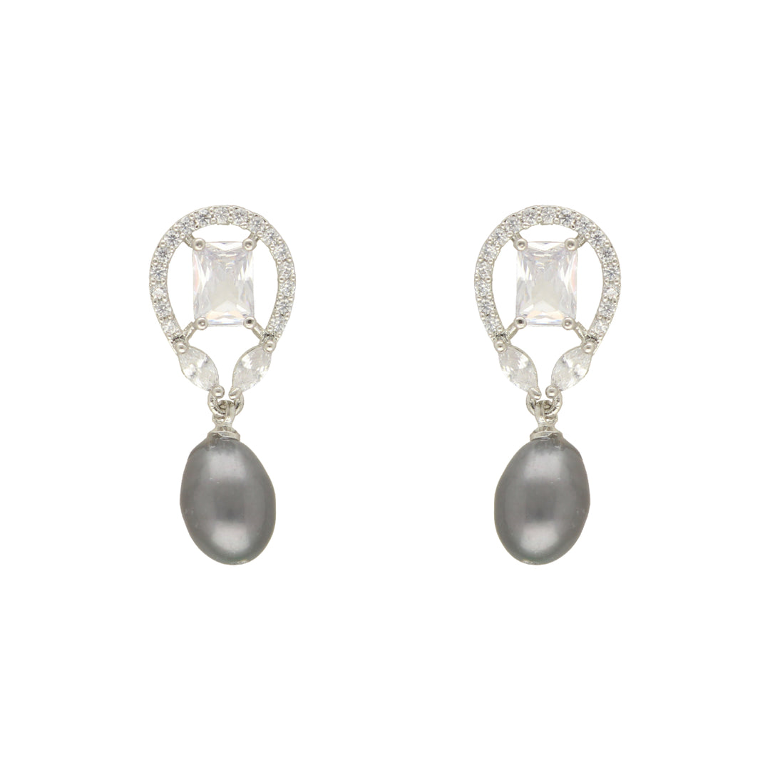 Gray Pearl Drop Earrings with CZ | Gray Luminescence Pearl Earrings
