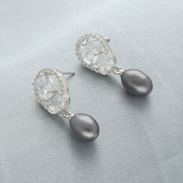 Gray Pearl Drop Earrings with CZ | Gray Luminescence Pearl Earrings