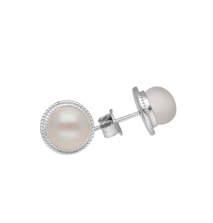 Button Shape Pearl Stud Earrings in Silver | Contemporary Chic Pearl Stud Earrings