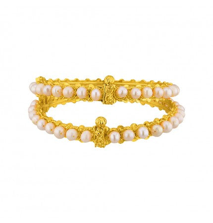 White Pearl Bangle with Clip-on Closure and Gold Plating | Timeless Pearl Elegance Bangle