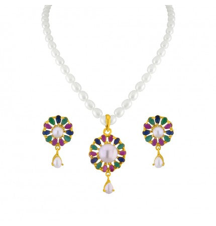 Pearl Pendant Set with Semi Precious Stones | Radiant Blossom Pearl Pendant Set