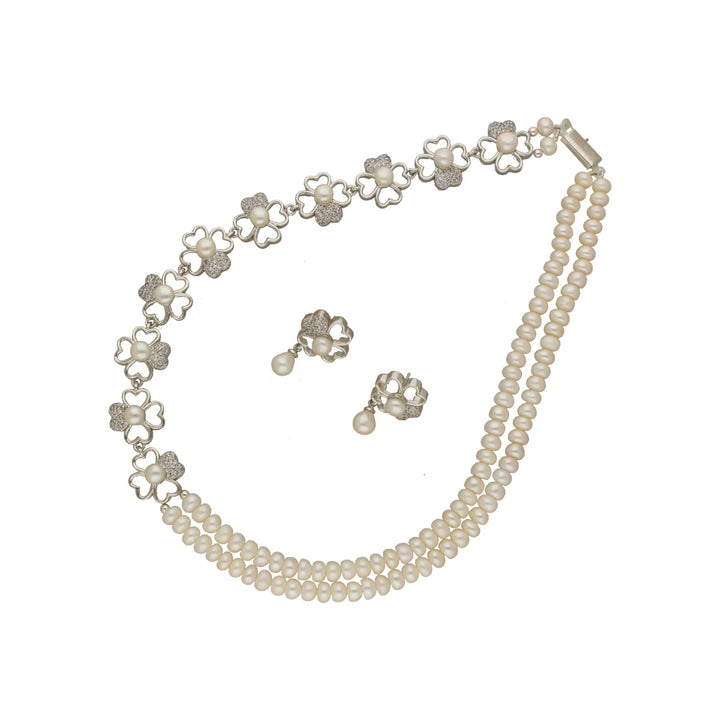 White Freshwater Pearl Necklace with Cubic Zirconia Closure | Timeless Elegance in 2 Lines - Pearl Necklace