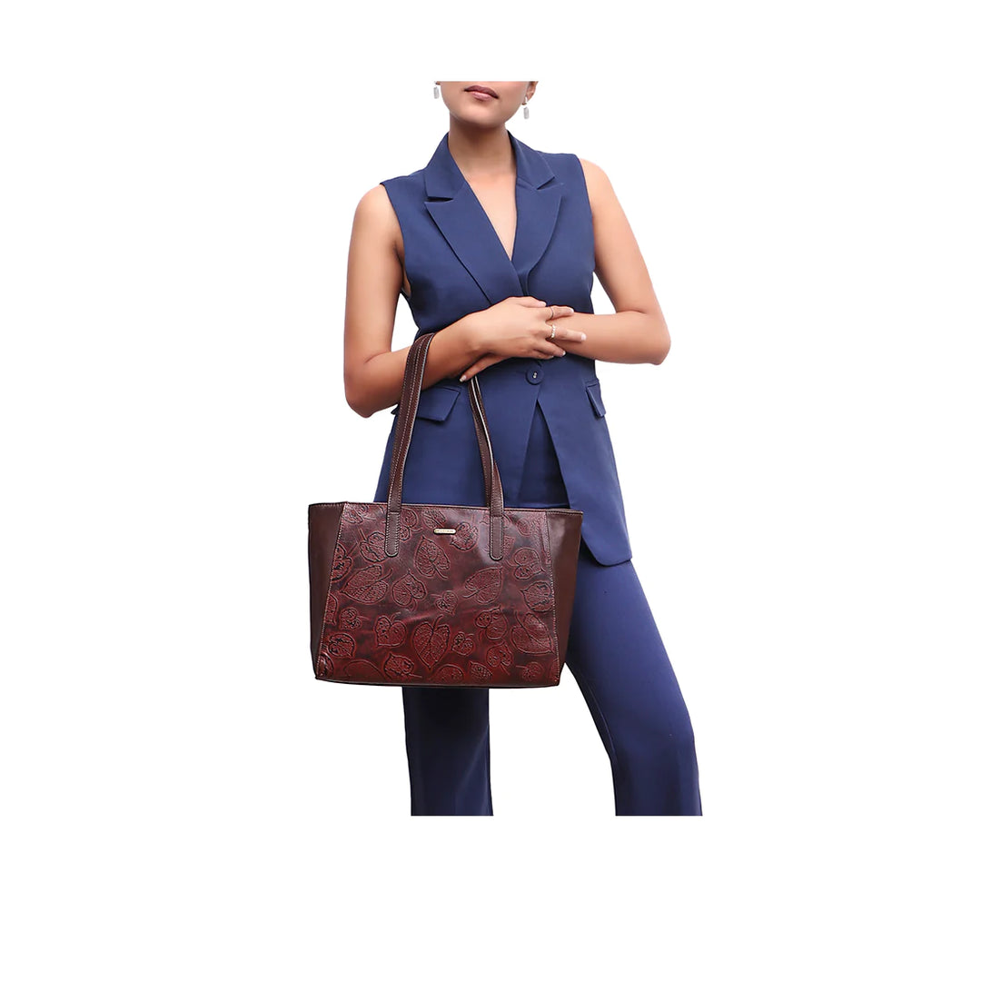 Tan Leather Tote Bag | Leafy Elegance Tan Brown Tote Bag